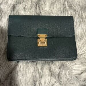 Louis Vuitton Dark Green Clutch with Golden Hardware